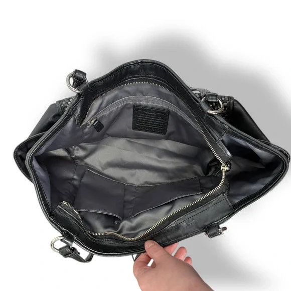 Coach F31285 Black Woven Leather Tote Shoulder Bag Zip Top Classic Everyday - Picture 8 of 13